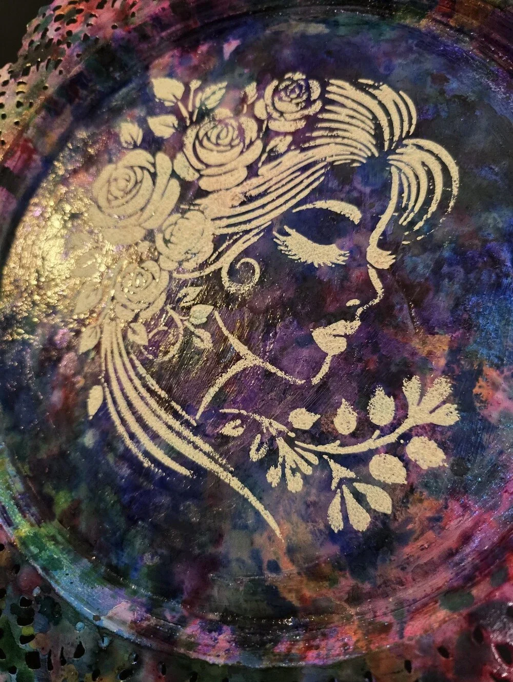 HANDCRAFTED Upcycled Metal Platter HANDPAINTED Tabletop Countertop Art Decor 15